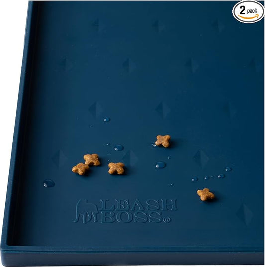 Leash Boss Dog Food Mat - Waterproof Cat & Dog Bowl Mat for Food and Water, Silicone Pet Feeding Mats for Floors, Non-Slip Placemat with High Edges, Puppy Essentials (ML: 20"x13", Navy)