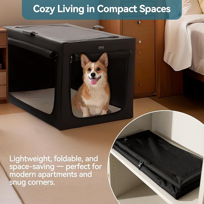 PETSFIT Portable Dog Crate for Small Dogs, – 24" Soft Dog Travel Crates with Lockable Zippers & Thicken Mat, Adjustable Patented Spiral Steel Frame, Collapsible Kennel for Indoor & Outdoor
