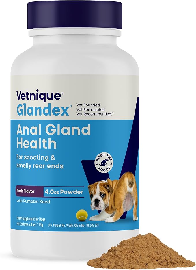 Vetnique Glandex for Dogs Anal Gland Powder, Support for Scooting & Fishy Odor, Boot The Scoot Fiber Supplement, Pumpkin Powder & Probiotics for Dogs with Digestive Enzymes (4.0 oz, Pork Liver)
