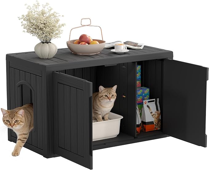Cat Litter Box Enclosure, Covered Cat Litter Box with Adjustable Partition, Multi-Functional Hidden Enclosed Litter Box Furniture, Easy to Clean & Assemble, Dark Black