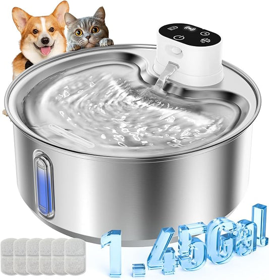 Stainless Steel Cat Water Fountain, 186fl.oz/1.45Gal Wireless Dog Water Fountain Battery Operated, Pet Water Dispenser Cordless for Cats & Dogs Indoor
