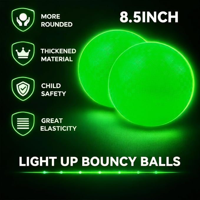 Glow in The Dark Ball 2 Pack, 8.5 Inch Light Up Kickball Playground Ball with 2 Mesh Bags & Hand Pump,No Battery Needed,Charge by Sunlight or Indoor Light, Green Luminous Rubber Bouncy Balls,Gift Box