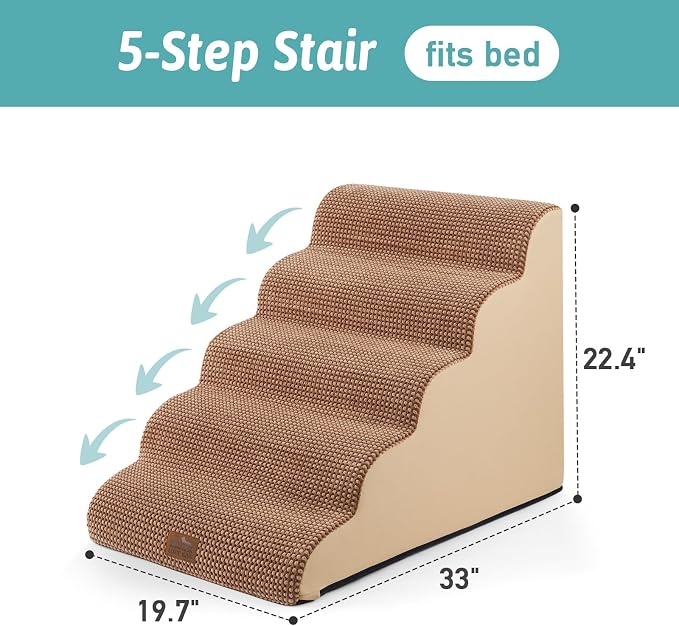 COZY KISS Extra Wide Dog Stairs 19.7" Width, Pet Step for Small/Medium/Large Dog, Puppy or Cat, Pet Ramp for High Bed or Car, High Density Foam Ladder, 19.7x33x22.4 in, Stable, 5 Step, Light Brown