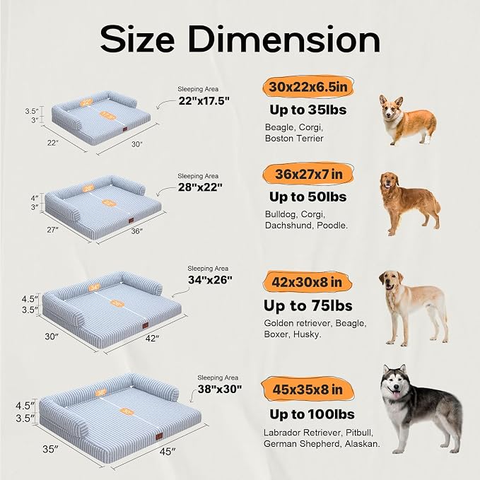 Large Dog Bed Orthopedic Washable Dog Beds Bolster - Medium Large Big Dogs - Memory Foam Dogs Couch Sofa - Waterproof with Removable Cover