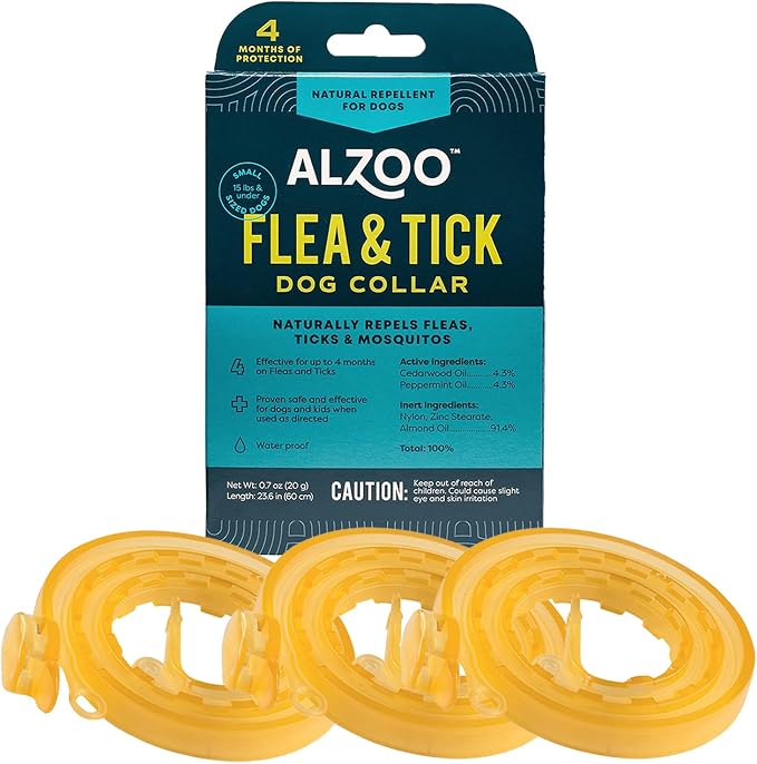 ALZOO Natural Flea & Tick Dog Collar - Helps Repel Fleas, Ticks & Mosquitoes - 100% Plant-Based Active Ingredients, Waterproof, Up to 4 Months Protection - Small-Sized Dogs 15 lbs & Under - Pack of 3