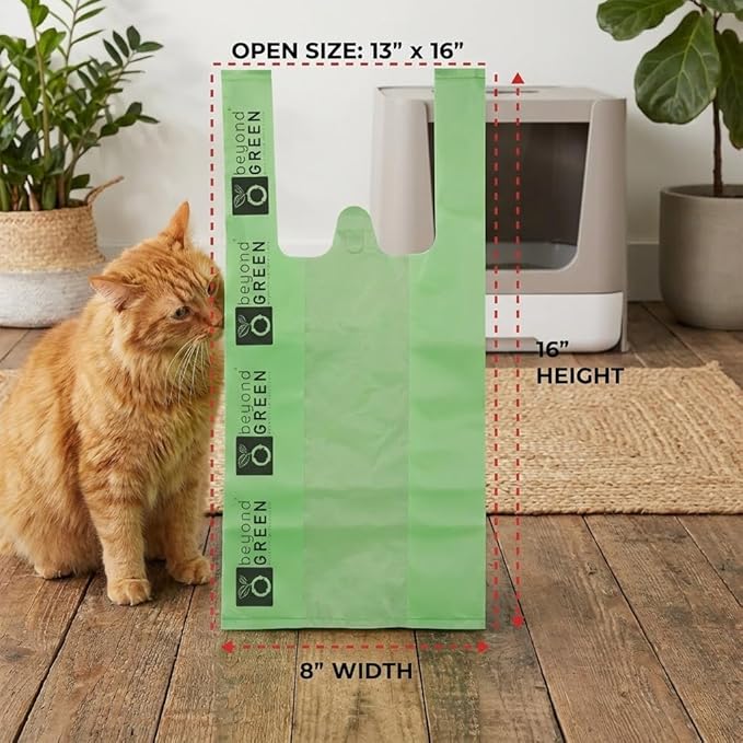 Green Cat Litter Bags – 8" x 16" with 5" Gusset & Handles – Made in USA