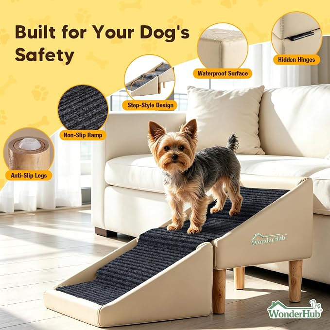 2-in-1 Foldable Dog Stairs & Ramp,Non-Slip, 17.13" H,(Light Beige) | For small, puppy, senior, and injured dogs – easy access to couch or bed
