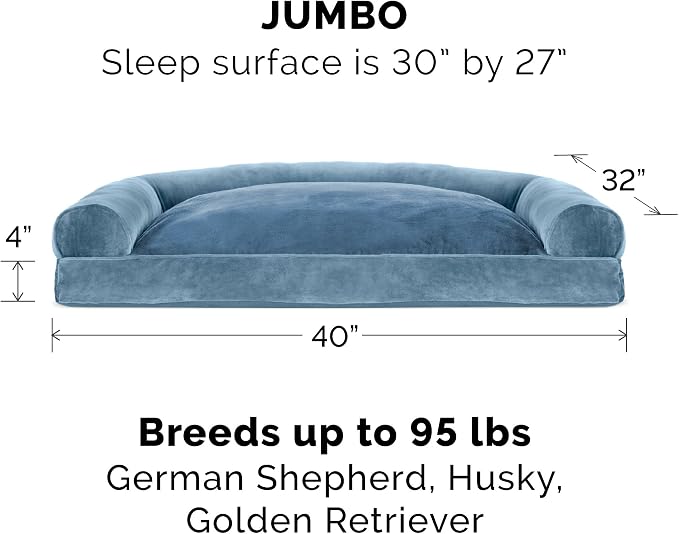 Furhaven Pillow Dog Bed for Large Dogs w/ Removable Bolsters & Washable Cover - Faux Fur & Velvet Sofa - Harbor Blue, Jumbo/XL
