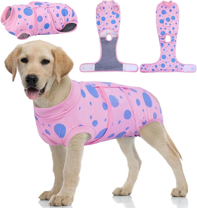 Kuoser Dog Surgery Suit, Soft Dog Spay Recovery Suit Female, Anti Licking Neuter Recovery Suit for Male Dogs, Post-Op Pet Surgical Suit Protective Wear E-Collar & Cone Alternative,Pink Polka Dots L
