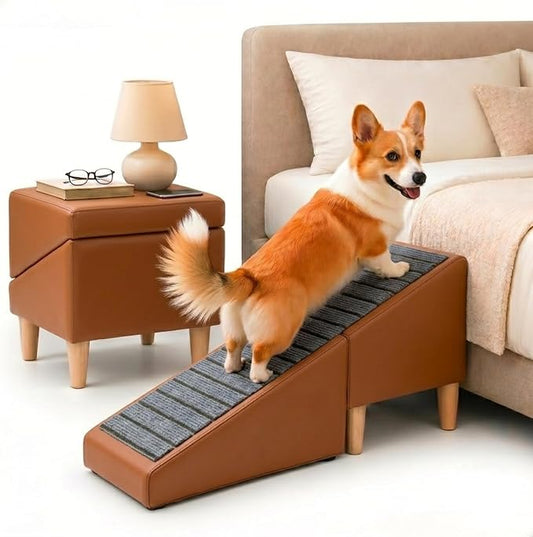 Dog Stairs for Small Dogs, Dog Stairs for Couch& Bed, Non-Slip Foldable 2-in-1 Pet Steps for Cats, Leather Ottoman (Brown, Large, 1.0)