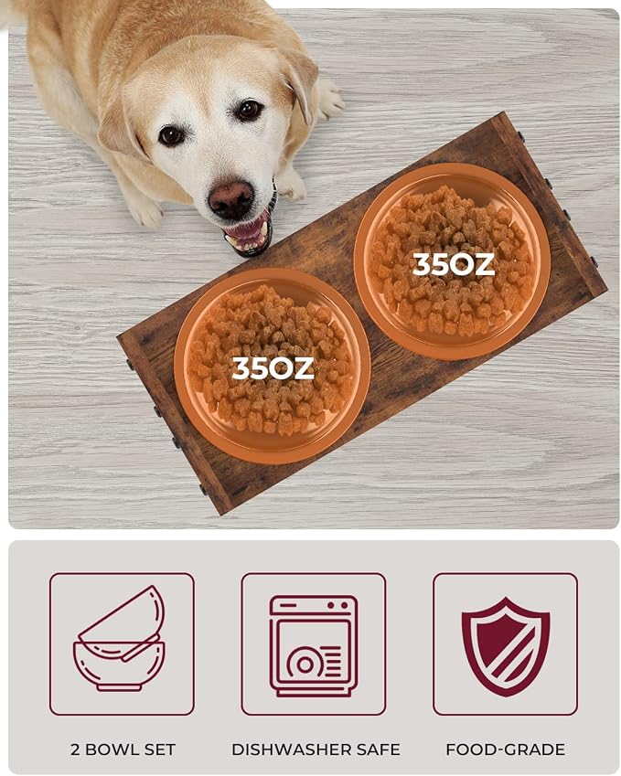 Vantic Elevated Dog Bowls, Adjustable Raised Dog Bowl Stand for Medium Sized Pet, Sturdy Particle Board Food Feeder with 2 Stainless Steel Dishes, Rustic Brown