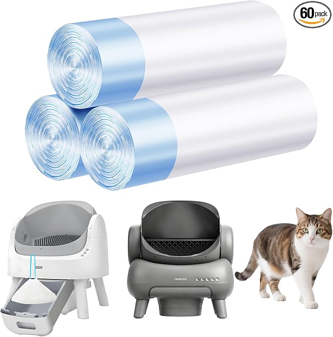 Cat Litter Bags 60 Count,26.37"X15.74" Drawstring Close Litter Box Liners for Automatic Litter Box,Thick Cat Poop Bags,Easy to Clean,Heavy Duty Robot Bag for Self-Cleaning Box