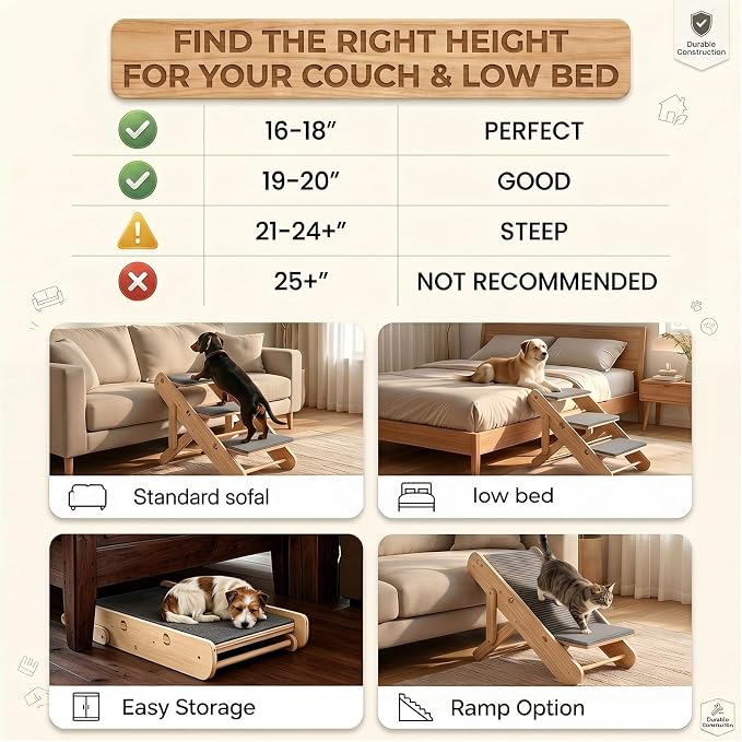 2 in 1 Compact Dog Stairs & Ramp for Small Dogs, Dachshunds & Old Cats, Sturdy Wooden Foldable Adjustable Pet Steps with Non-Slip Mat for Bed Couch Car Travel
