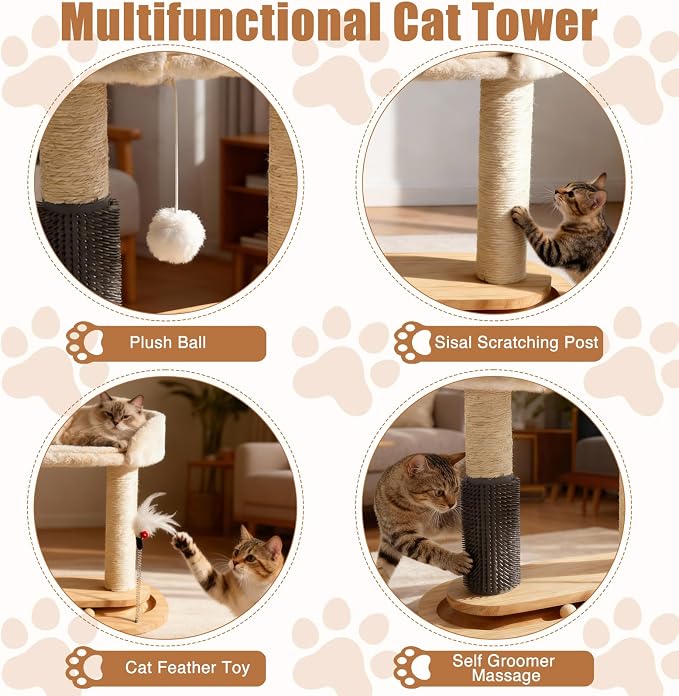 Small Wooden Cat Tree for Kittens and Small Cats, 6-in-1 Cat Tower for Indoor Cats with Bed, Sisal Scratching Post, Self-Grooming Brush, Ball Track, Plush Ball and Feather Toy, 16.5" H