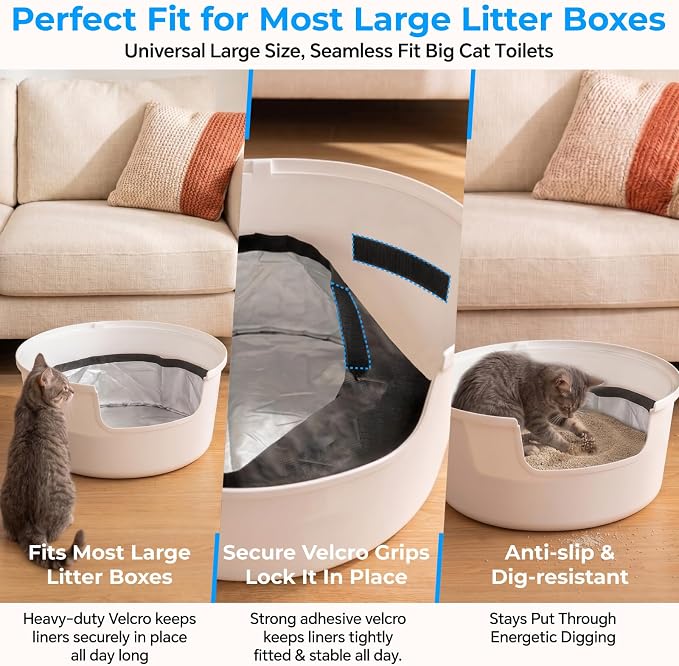 Reusable Cat Litter Box Liners for Hidden Plant Litter Box, Waterproof Leak Proof Scratch Resistant Cat Liners with Easy-Attach Hook-and-Loop Fasteners 3-Pack (Black)