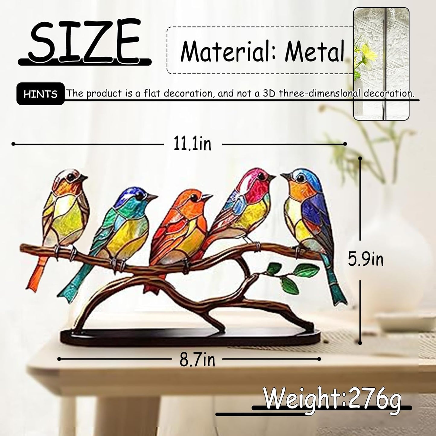 5 Birds on a Branch, Metal Desktop Decorations, Home Bird Decorations for Office, Window, Aviary, Garden, Gifts for Bird Lovers, Boxed Set.