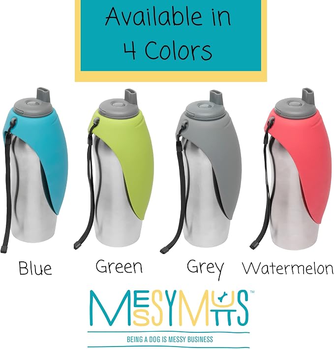 Messy Mutts Stainless Steel Travel Water Bottle with Silicone Flip Up Bowl | Pet Travel Necessity | Camping, Hiking, Walking Accessory | 24 oz / 700mL | Grey