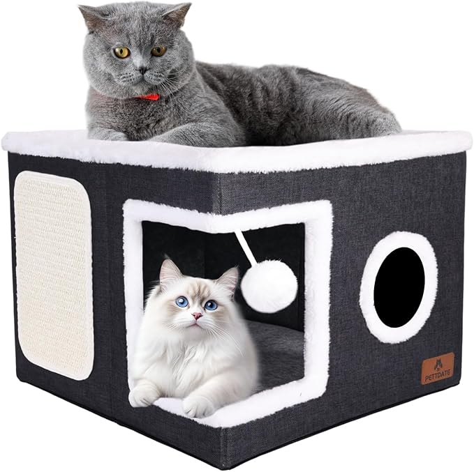 Cat Beds for Indoor Cats, Large Cat Cave Bed with Scratch Pad and Fluffy Ball, Foldable Cat Hideaway, Cat House with Reversible Cushion for Multi Small Pet Up to 30LBS, Dark Grey