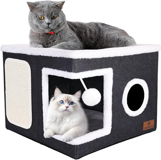 Cat Beds for Indoor Cats, Large Cat Cave Bed with Scratch Pad and Fluffy Ball, Foldable Cat Hideaway, Cat House with Reversible Cushion for Multi Small Pet Up to 30LBS, Dark Grey
