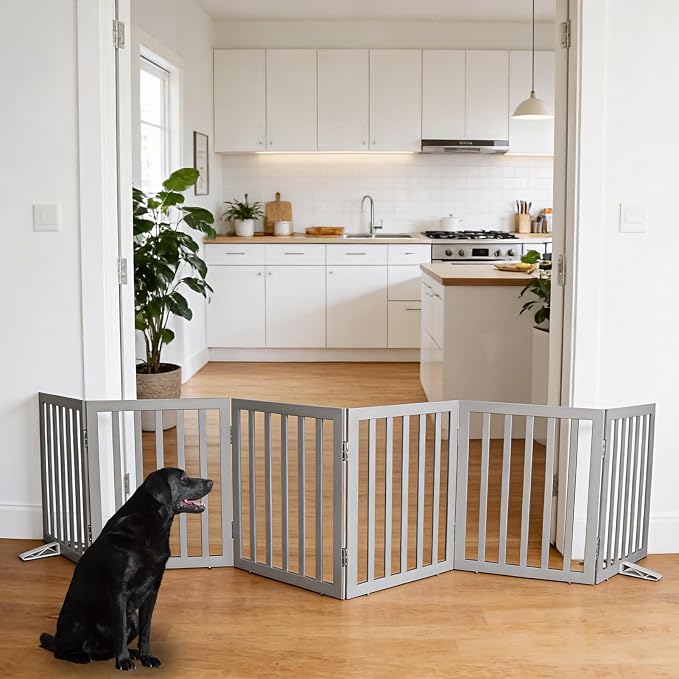 ZJSF Freestanding Indoor Dog Gate for House Foldable Wood Puppy Gate for Doorways Pet Gate for Stairs Extra Wide Pet Fence, Grey, 24" Height 6 Panels