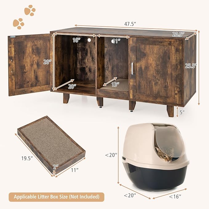 Tangkula Patented Double Cat Litter Box Enclosure for 2 Cats, Large Stackable Hidden Privacy Cat Washroom Cabinet with Scratching Board, Indoor Cat House TV Stand, Litter Box Furniture (Rustic Brown)
