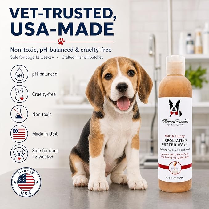 Warren London Exfoliating Butter Wash – Milk & Honey Dog Shampoo, 1-Gallon Pro Size | Cleans, Exfoliates & Deep-Conditions | Jojoba Beads Remove Dandruff & Itch | Dilutable, Non-Oily Shine | USA Made