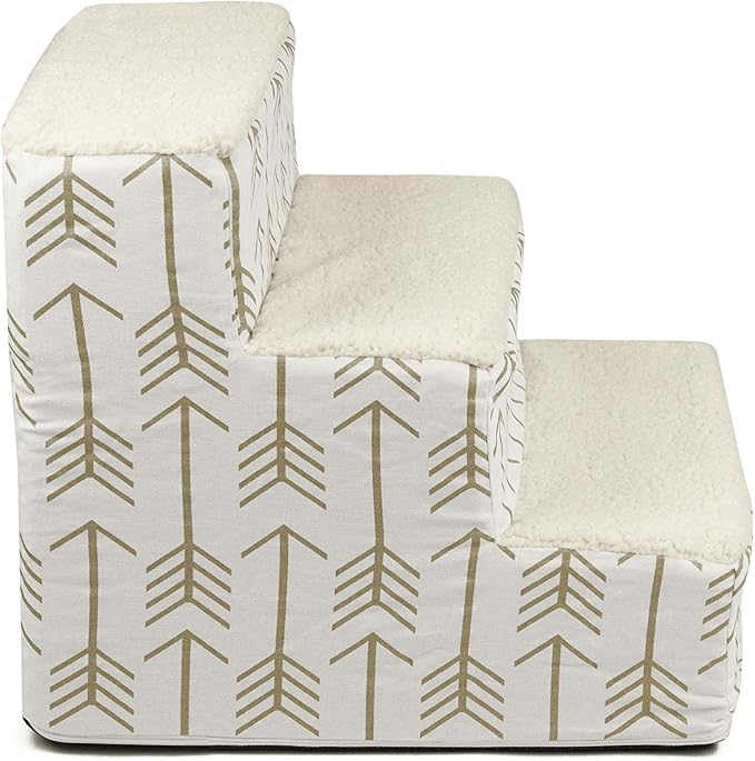 Majestic Pet 3 Step Portable Dog Stairs for Small Dogs to get on Bed Supports 250 lbs or Less – Dog Steps for High Bed with Machine Washable Cover –Pet Stairs for Cats Arrow White/Gold