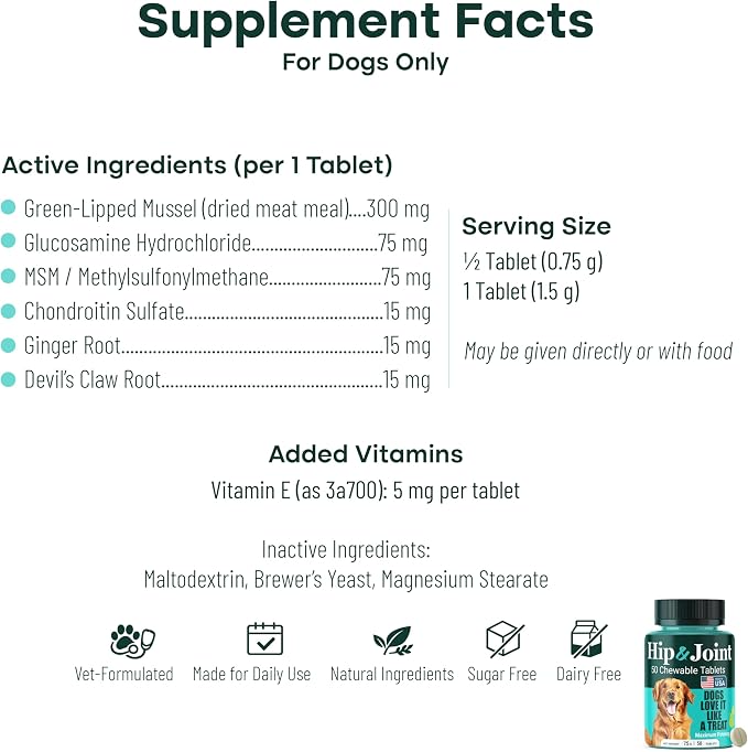 Hip & Joint Supplement for Dogs, 300mg Green-Lipped Mussel for Dog Arthritis Pain Relief, Glucosamine, MSM & Chondroitin, Zero Sugar, Large Medium Small Breeds, 200 Chewable Tablets
