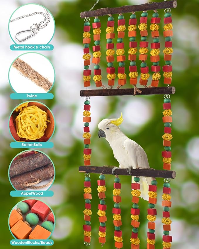 DBNESS 43" Extra Large Bird Parrot Toys, Multicolored Wooden Blocks Chewing Toy with Rattan Balls and Perches for Eclectus, African Greys, Cokatoos, Amazon Parrots