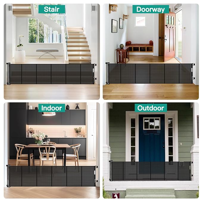 24 Inch Tall x 110 Inch Extra Wide Retractable Dog Gate for The House, Short Baby Gate to Step Over, Reinforced Mesh Puppy Gate for Doorways, Step Over Pet Gate for Stairs, Indoor/Outdoor, Black