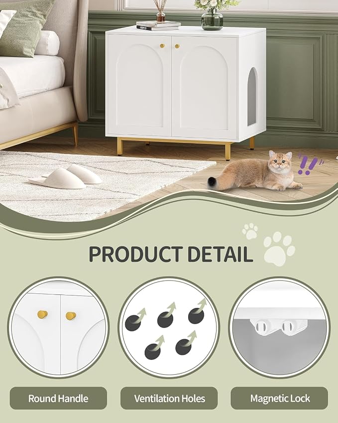 Hzuaneri Cat Litter Box Enclosure, Hidden Litter Box Furniture Cabinet, Wooden Indoor Cat House, Side End Table, Living Room, Bedroom, White and Gold CB85003G