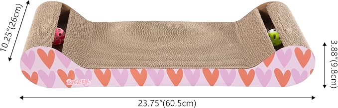 Rini 23.75" Modern Cardboard Cat Scratcher Lounge Bed with Built-in Bell Toys and Catnip, Ergonomic Curved Sofa Design, Pink/Red, Set of 2 CSR1003D-SET2