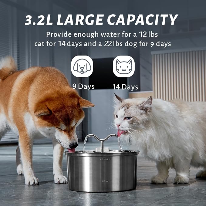 DOOOB Cat Water Fountain, 3.2L/108OZ Stainless Steel Cat Water Fountain, Automatic Metal Dog Water Fountains Water Bowl with Ultra-Quiet Pump and 8 Filters & 8 Sponges