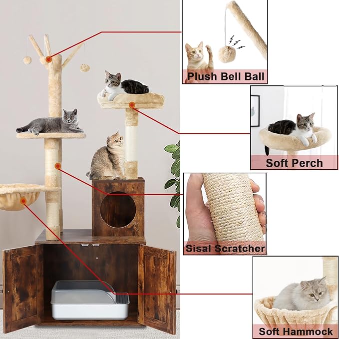 Timberer Cat Tree Tower with Litter Box Enclosure, 2-in-1 Wooden Cat Condo with Sisal Scratching Post, Hammock, Brown