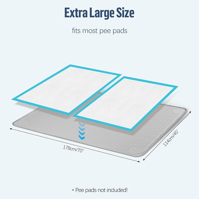 Pee Pad Holder for Dogs, 70" x 45" Silicone Pee Tray Mat Leak-Proof, High Edge, No Spill Pet Pad Holder for Puppy, Cat, Rabbit, Training Pads for Floor Protection, No Pee Pads (Light Grey)