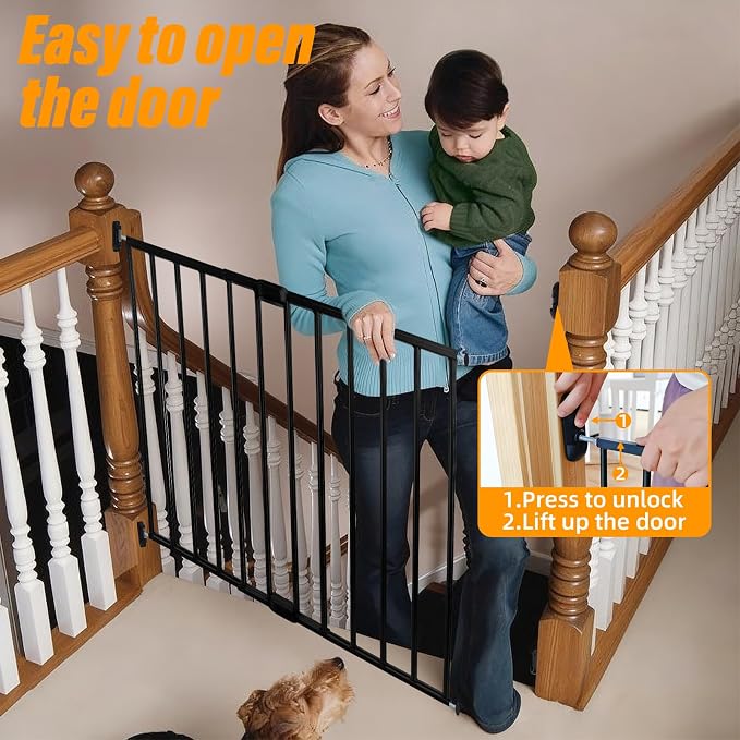 Adjustable Pet Safety Swing Gate, Hardware-Mounted Metal Gate for Stairs and Doorways, Secure Latch for Pets (Black, 24"-40.5" W x 28.75" H)