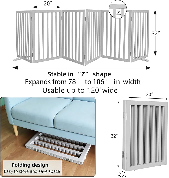 Dog Gate Indoor, Freestanding Dog Fence for The House, Doorways, Hallways,or Stairs,Pet Gate Foldable Wooden,Expandable 32" Height 6 Panels,Grey