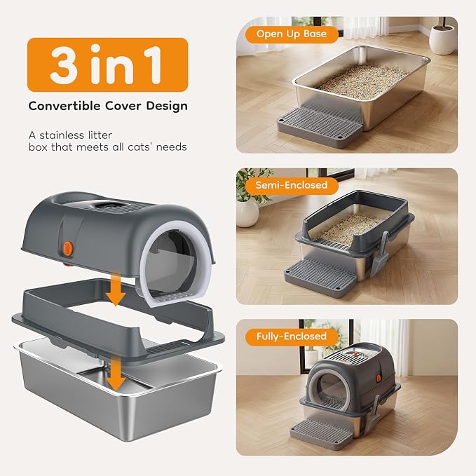 Extra Large Cat Litter Box with Lid, Stainless Steel Litter Box for Big Cats, Enclosed High Sided Kitty Pan with Scoop & Mat, Front & Top Entry with Door, Grey