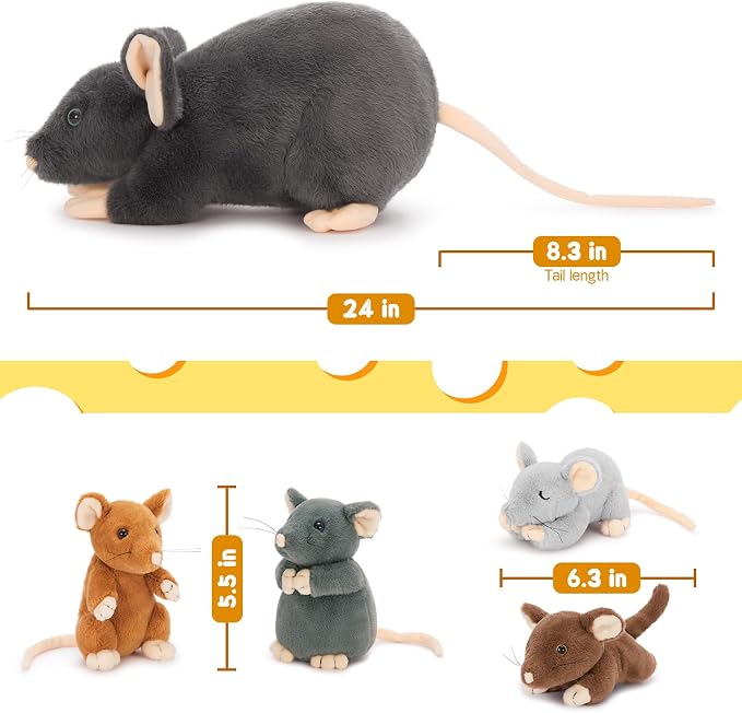 Tezituor 5Pcs Rat Stuffed Animal Set, 24 Inches Large Stuffed Mommy Rat with 4 Baby Rats Inside, Realistic Mouse Family Plush Toy for Kids Christmas Halloween Decoration