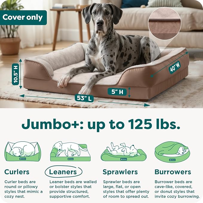 FurHaven Dog Bed Cover Replacement, Sofa-Style Design with Soft, Breathable Fabric for Cozy Comfort, Machine Washable, Jumbo Plus XXL, Plush & Velvet Waves, Brownstone