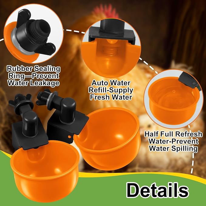 Tanlade 50 Pcs Automatic Chicken Waterer Cups Chicken Feeder for PVC Pipe Waterer Kit for Poultry Duck Goose Turkey Bunny (Orange,Classic)