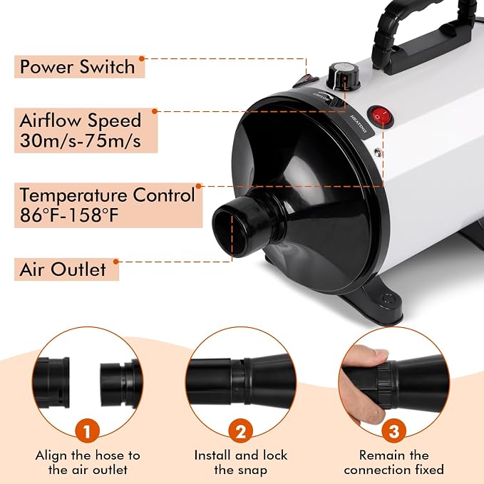 IVY&LANE Dog Dryer for Grooming,High Velocity Dog Hair Dryer Force Blower with 4 Nozzles,Adjustable Speed Pet Blow Dryer,Noise Reduction,Heat Insulation,White