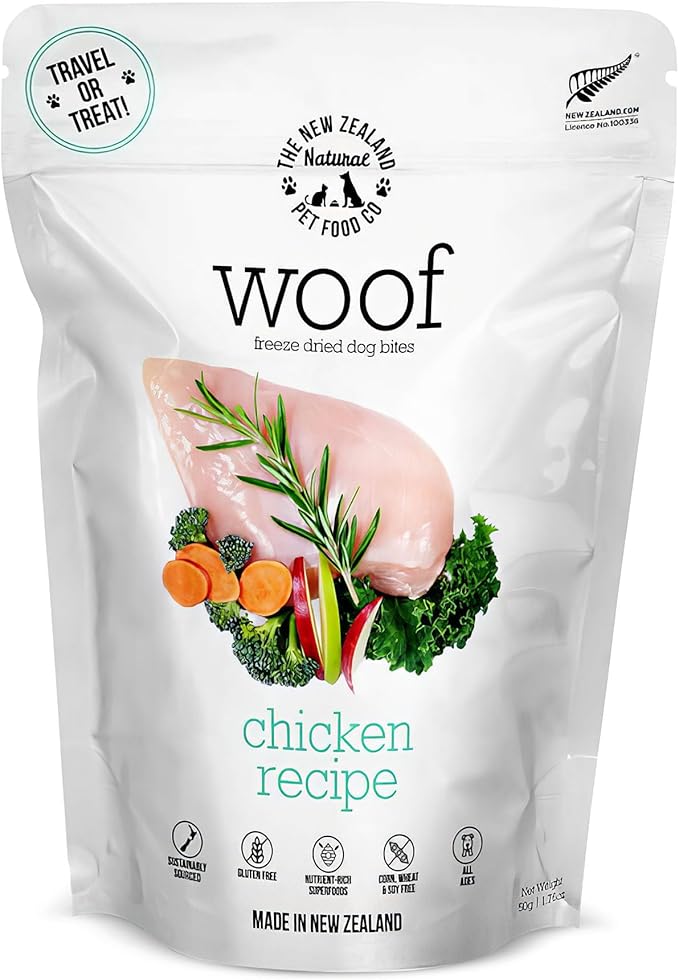 The New Zealand Natural Pet Food Co. Woof Freeze Dried Dog Food - Chicken Recipe, High Protein, Dog Food Topper & Dog Treats, All Life Stages, 1.76 oz