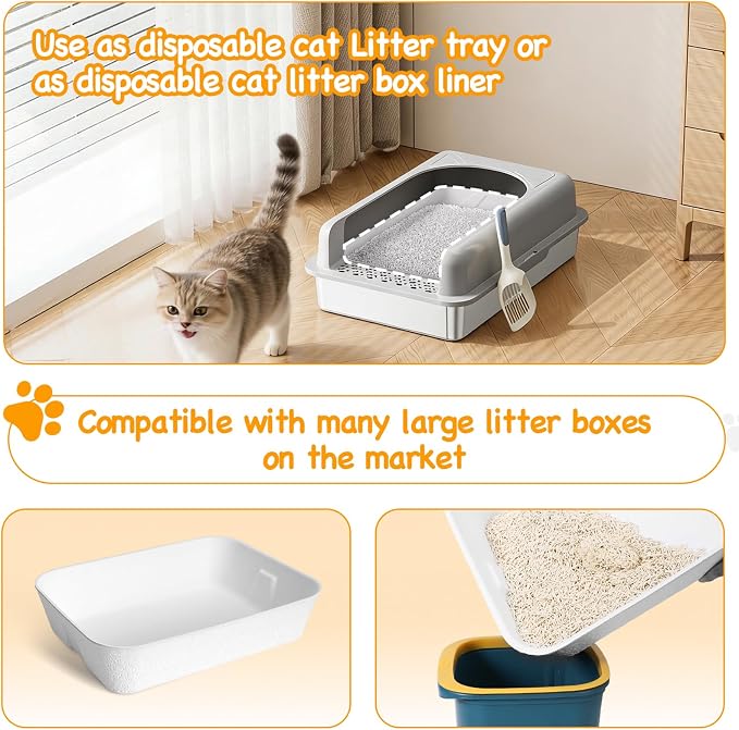 Disposable Litter Boxes for Cats, Durable and Water Resistant, Sustainable Large Disposable Litter Box, Disposable Cat Litter Boxes for Indoor/Travel Use, Standalone or as Liner (White, Large 10-Pack)