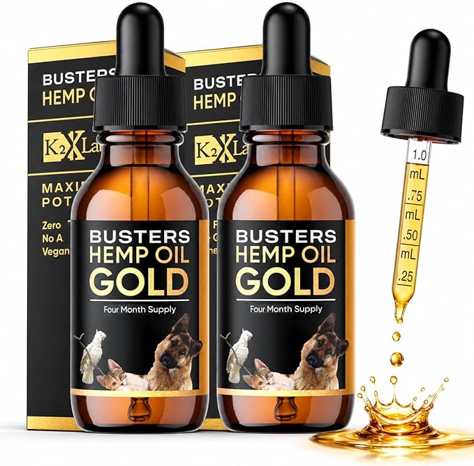 Buster's Gold Organic Hemp Oil for Dogs and Cats, 2 Large 60ml Bottles 4 Month Supply, Made in USA - Miracle Formula, Perfectly Balanced Omega 3, 6, 9 - Joint Relief, Calming (2-Pack)