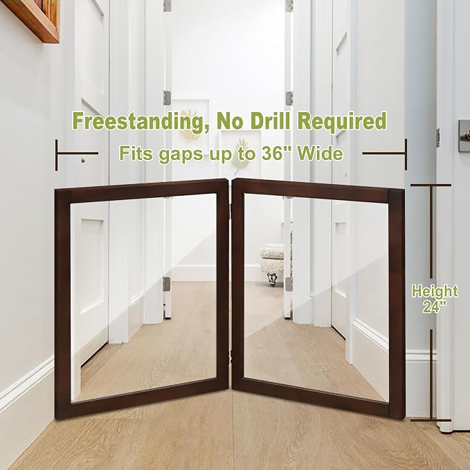 LZRS Clear Dog Gate for Indoor Use - Transparent Pet Fence with Solid Hardwood and Plastic Board, Stylish & Durable freestanding Pet Gate for Doorways, Stairs and Hallways-2 Panel Brown