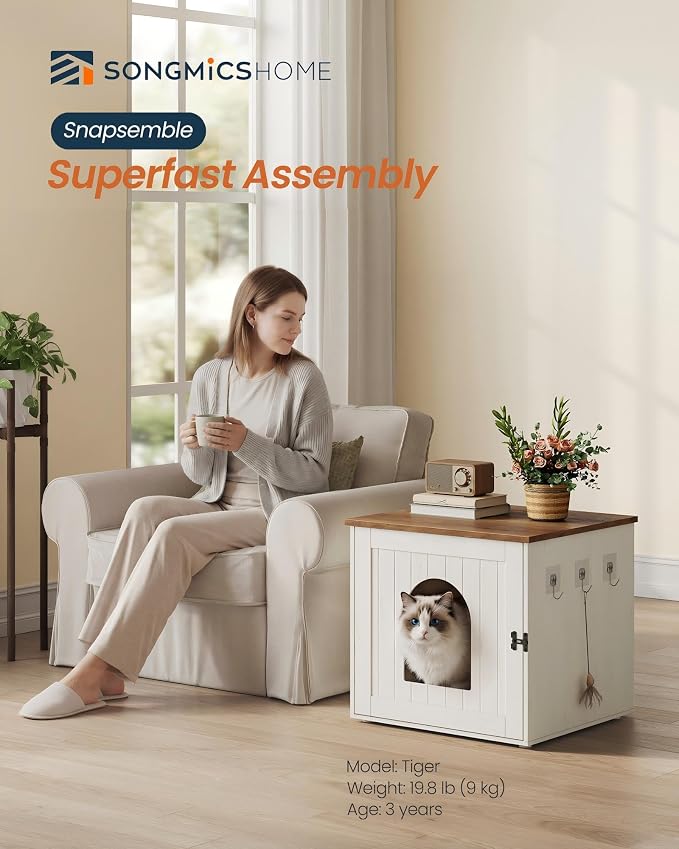 SONGMICS Home Cat Litter Box Enclosure, Snapsemble Superfast Assembly, Litter Box Cabinet, Double Latches, Hooks, Cat House, 21.7 x 19.7 x 19.7 Inches, Rustic White and Honey Brown PCL234WJ03S