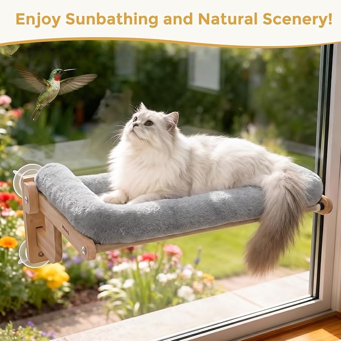Pecute Cat Window Hammock Foldable, Space Saving Cat Window Bed with Soft Cushion, Sturdy Wood Frame Hanging Cats Lounge Seat, Collapsible Large Perch with Suction Cups for Indoor Cats(Grey, 26" L)