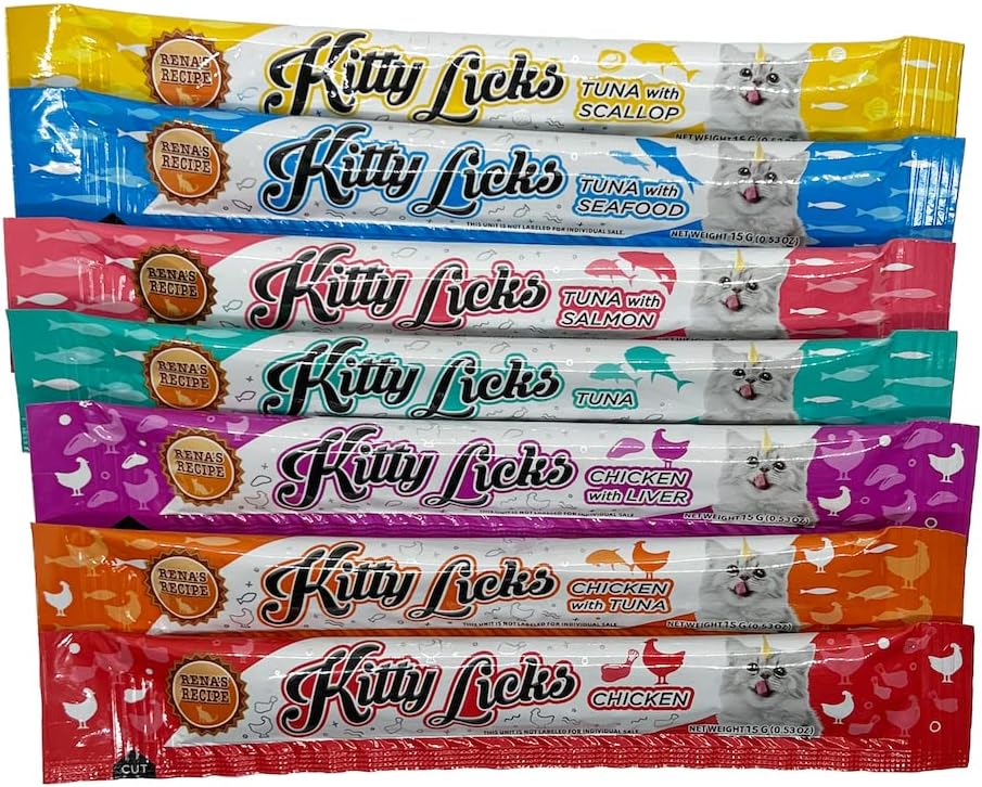 Rena's Recipe Kitty Licks Lickable Cat Treats Variety Pack, 28 Tubes | Creamy purée cat treats in 7 delicious flavors, including tuna and chicken.