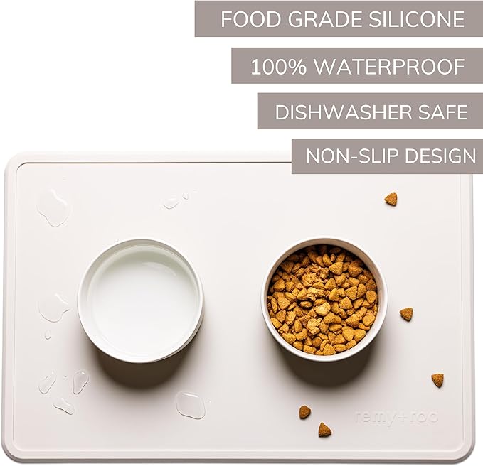 Remy+Roo Stone Silicone Dog Food Mat for Pet Bowl | 23.6" x 15.7" | 100% Waterproof | Non-Slip | Dishwasher Safe (Stone)
